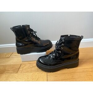 Womens Girls Steve Madden JRockk Black Patent Combat Boots Lug Sole Sz 4 Lace Up